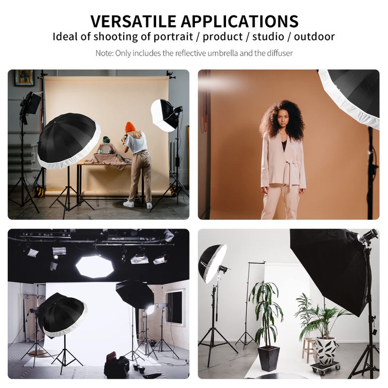 Selens Parabolic Umbrella and Diffuser Photography Lighting, 65 Inch Black Silver Reflective Deep Umbrella for Photo Studio Flash Speed Light - Image 3